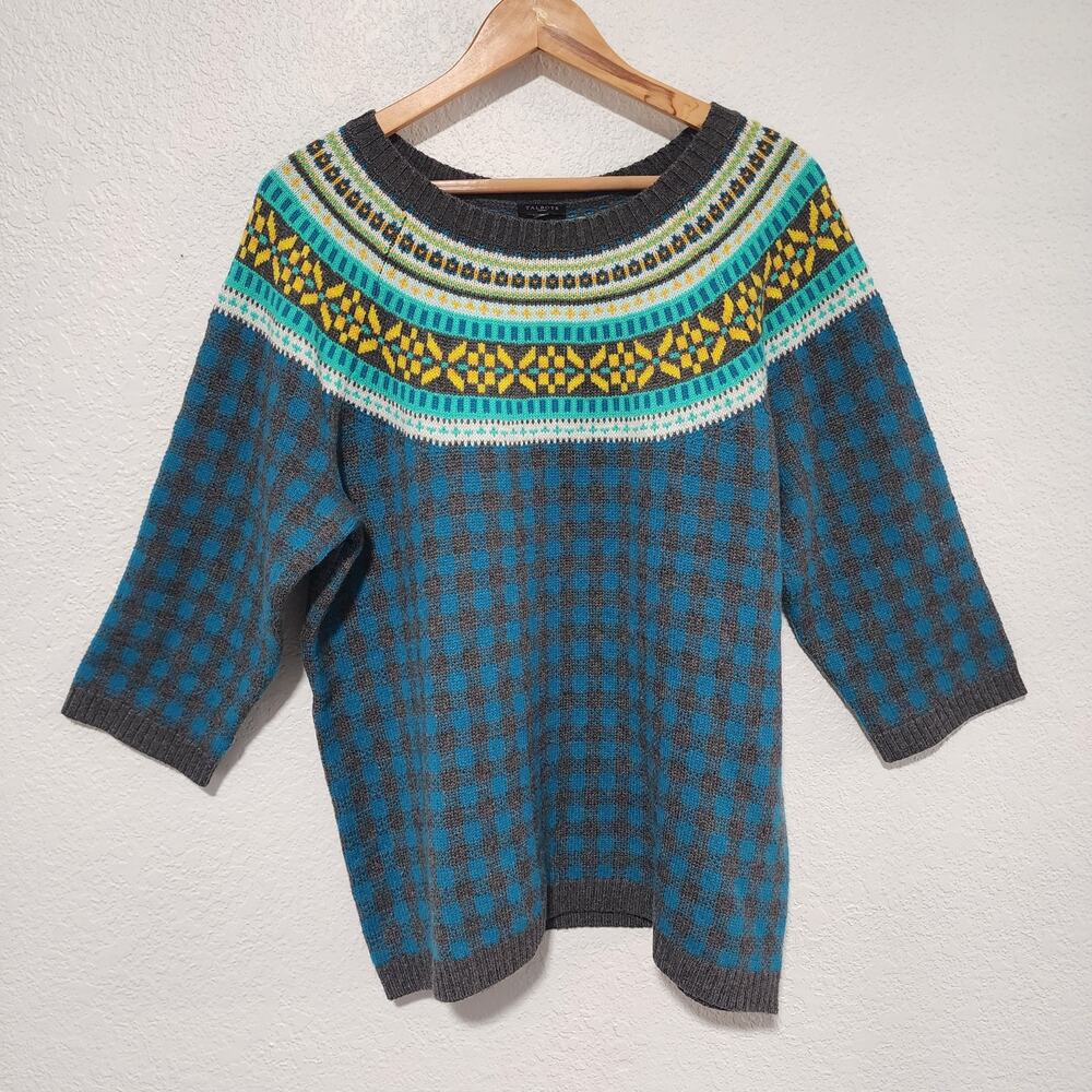 Talbots Women Fair Isle Yoke Knit Sweater Blue Gray Yellow Gingham 3/4 Sleeve XL